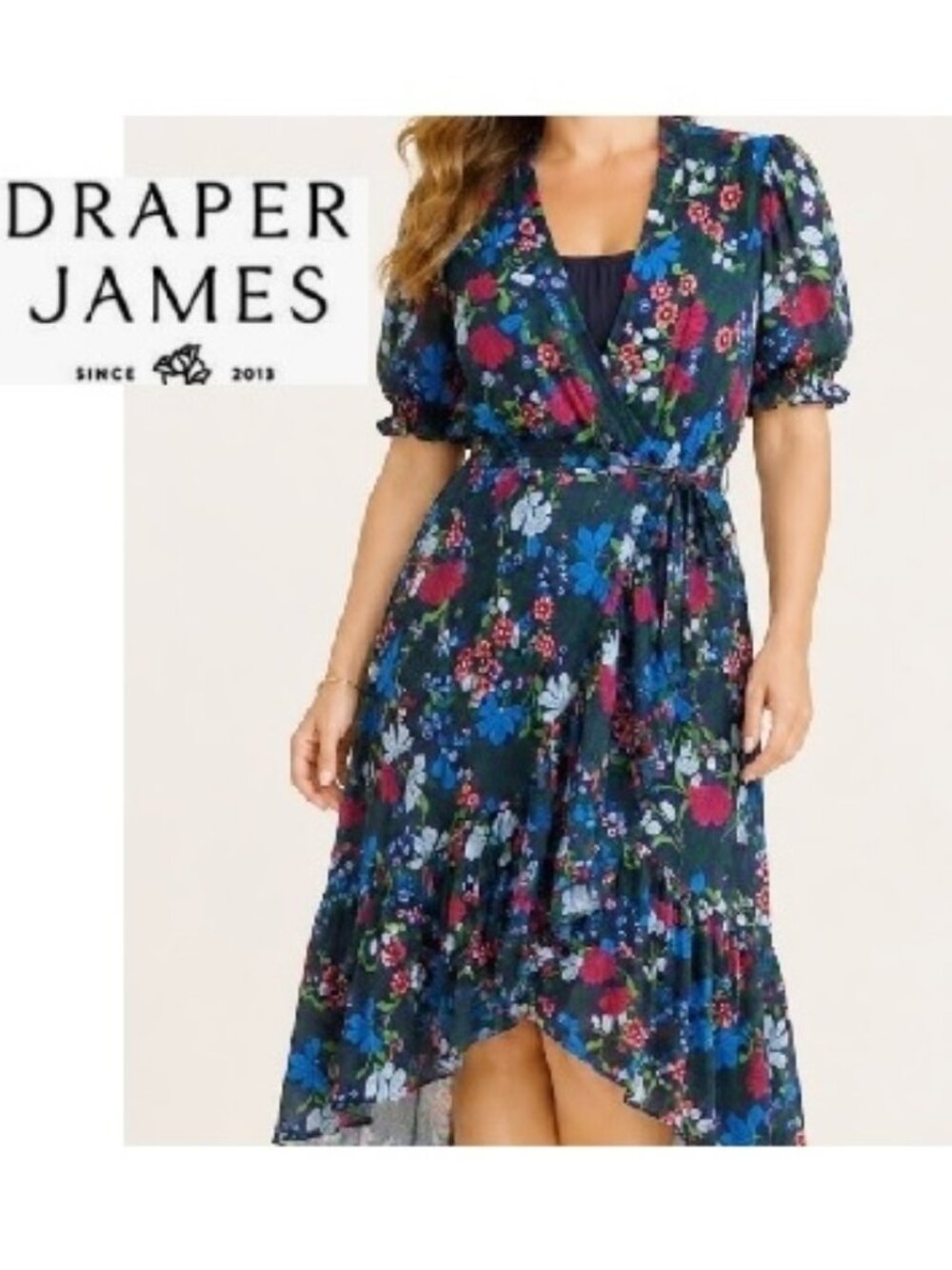 New  w Tags Draper James Navy Floral Puff Sleeve Figure Flattering Wrap Dress